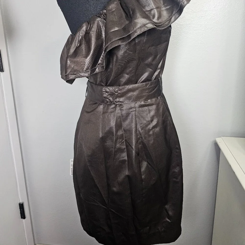NEW Forever 21 Brown Satin One-Shoulder Leather-Look Dress – Size Medium - Picture 3 of 5